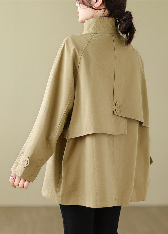 French Mocha Stand Collar Patchwork Pockets Button Trench Coat Fall