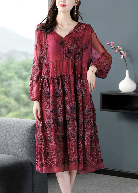 French Mulberry Hooded Embroidered Patchwork Silk Long Dresses Spring
