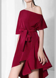 French Mulberry One Shoulder asymmetrical design tie waist Dresses Summer - SooLinen