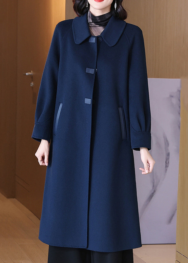 French Navy Button Pockets Wool Long Coats Spring