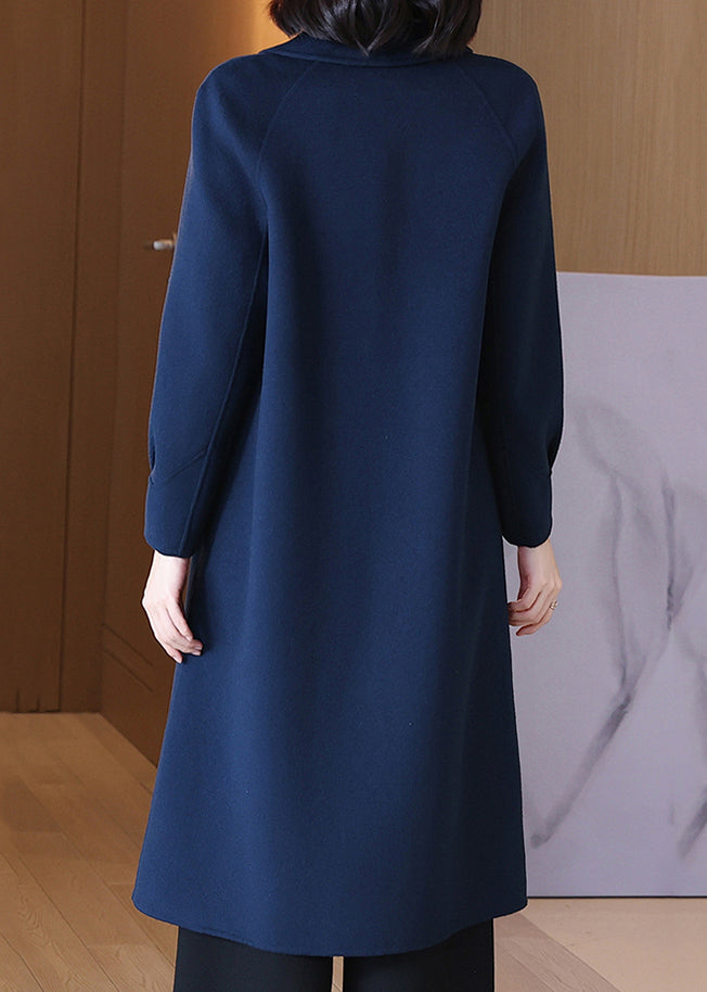 French Navy Button Pockets Wool Long Coats Spring
