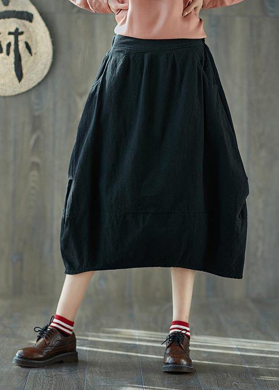 French Navy Elastic Waist lantern Cotton Linen Skirt Summer - SooLinen