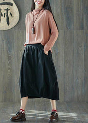 French Navy Elastic Waist lantern Cotton Linen Skirt Summer - SooLinen