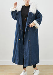 French Navy Fur Collar Thick Warm Fleece Denim Coats Fall