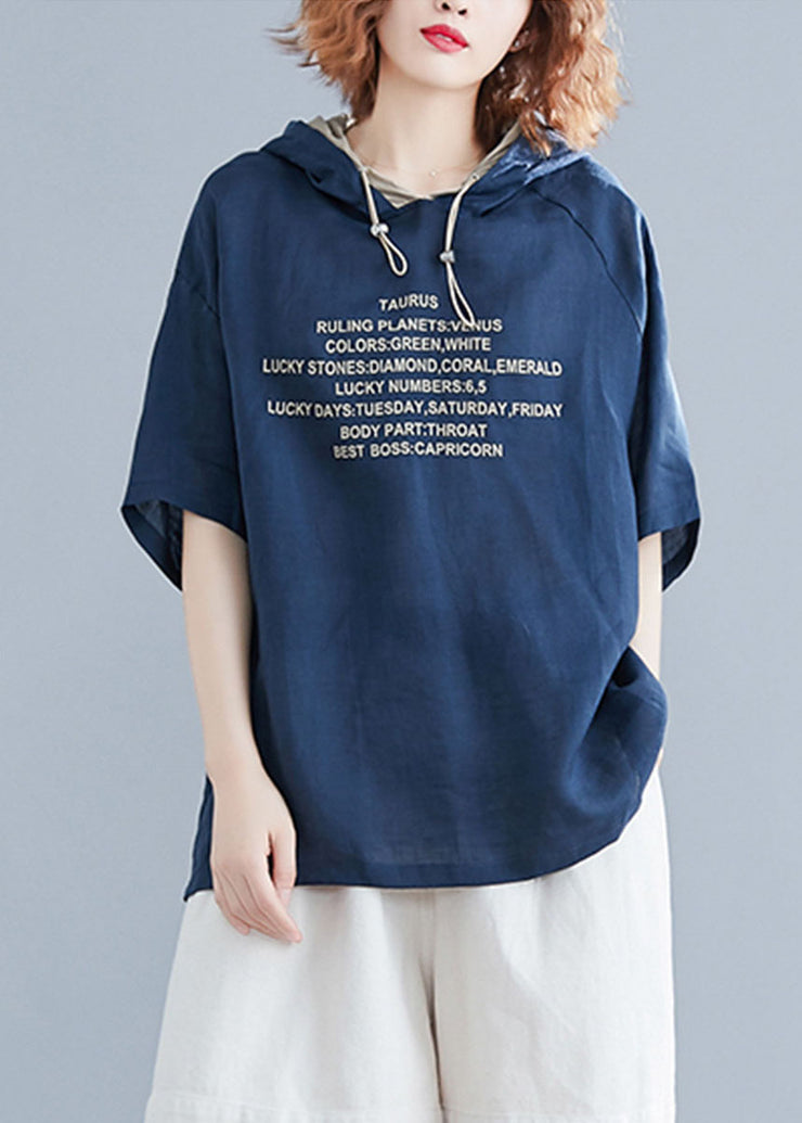 French Navy Hooded Letter Print Cotton Loose Sweatshirts Top Short Sleeve