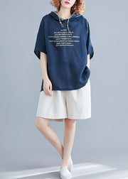 French Navy Hooded Letter Print Cotton Loose Sweatshirts Top Short Sleeve