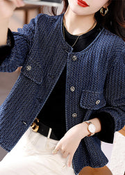 French Navy O Neck Button Patchwork Denim Coat Fall