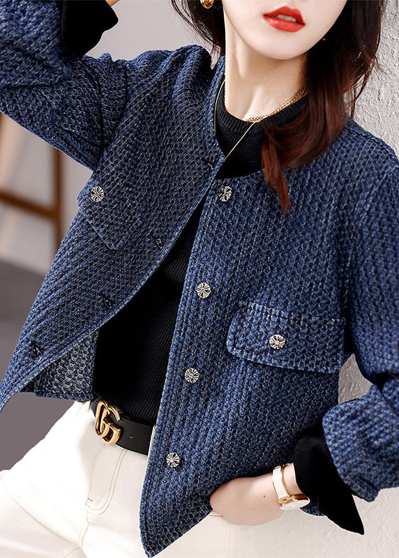 French Navy O Neck Button Patchwork Denim Coat Fall