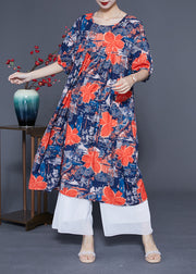 French Navy O-Neck Floral Print Silk Maxi Dress Summer