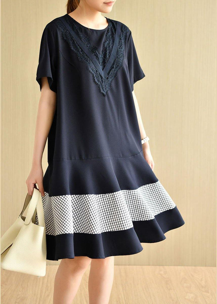 French Navy O-Neck Patchwork Plaid Summer Vacation Dresses Short Sleeve - SooLinen