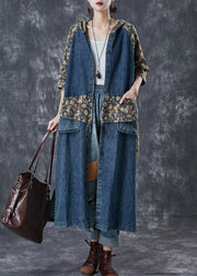 French Navy Oversized Patchwork Print Denim Trench Coats Fall
