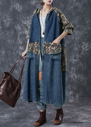French Navy Oversized Patchwork Print Denim Trench Coats Fall