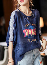 French Navy Oversized Patchwork Side Open Cotton Top Summer