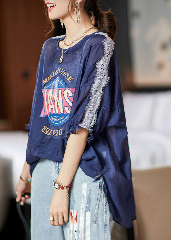 French Navy Oversized Patchwork Side Open Cotton Top Summer