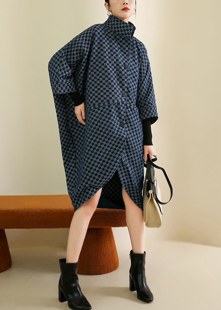 French Navy Plaid Button Patchwork Cotton Coat Batwing Sleeve