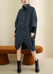 French Navy Plaid Button Patchwork Cotton Coat Batwing Sleeve