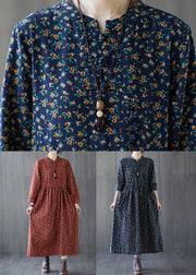 French Navy Print Lace Up Patchwork Cotton Long Dress Fall