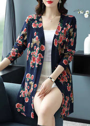 French Navy Print Patchwork Wool Knit Cardigan Spring