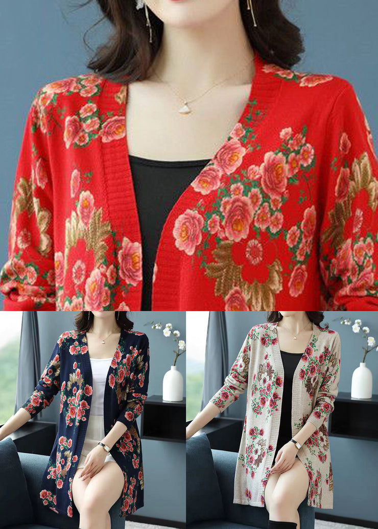 French Navy Print Patchwork Wool Knit Cardigan Spring