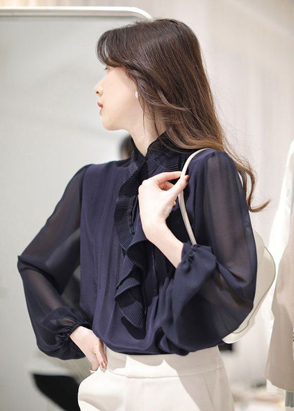 French Navy Stand Collar Ruffled Silk Blouses Spring