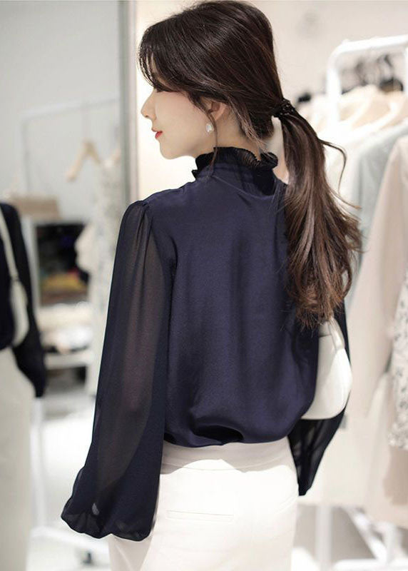 French Navy Stand Collar Ruffled Silk Blouses Spring