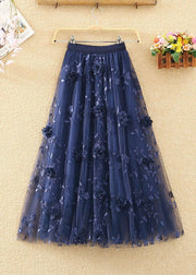 French Navy Wrinkled Embroidered Floral Decorated Tulle Skirts Spring