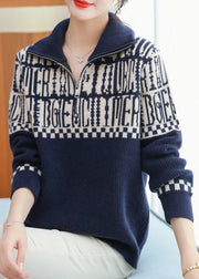 French Navy Zip Up Patchwork Cozy Wool Knit Tops Fall