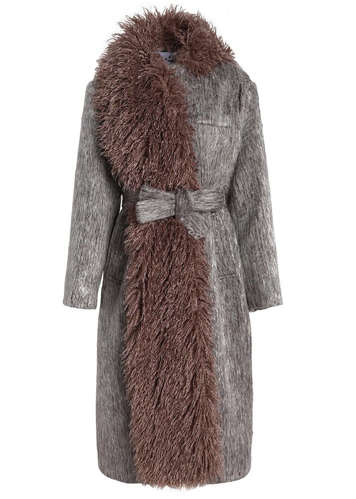 French New Fur Collar Zippered Tie Waist Woolen Coat Winter