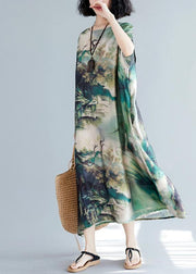 French O Neck Baggy Summer Wardrobes Lnspiration Green Print Robes Dresses - SooLinen