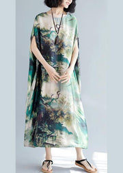 French O Neck Baggy Summer Wardrobes Lnspiration Green Print Robes Dresses - SooLinen