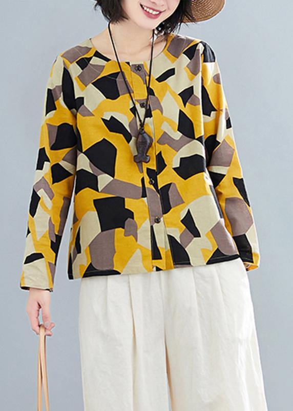 French O Neck Button Down Shirts Inspiration Yellow Geometric Top - SooLinen