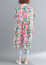 Französisches O-Neck Cinched Dot Print Kleid mit niedrigem, hohem Design und kurzen Ärmeln