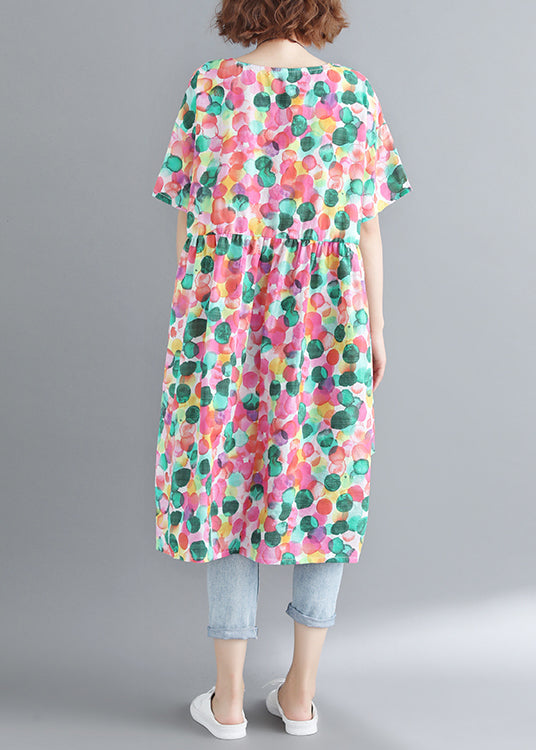 Französisches O-Neck Cinched Dot Print Kleid mit niedrigem, hohem Design und kurzen Ärmeln