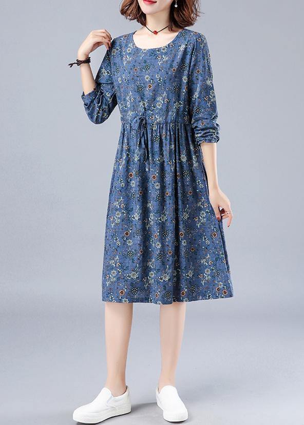 French O Neck Drawstring Spring Dresses Wardrobes Blue Print Dress - SooLinen