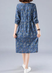 French O Neck Drawstring Spring Dresses Wardrobes Blue Print Dress - SooLinen