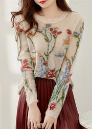French O-Neck Floral Hollow Out Knit Sweaters Spring