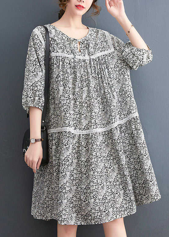 French O-Neck Lace Patchwork Print Cotton Mid Dress Three Quarter Sleeve