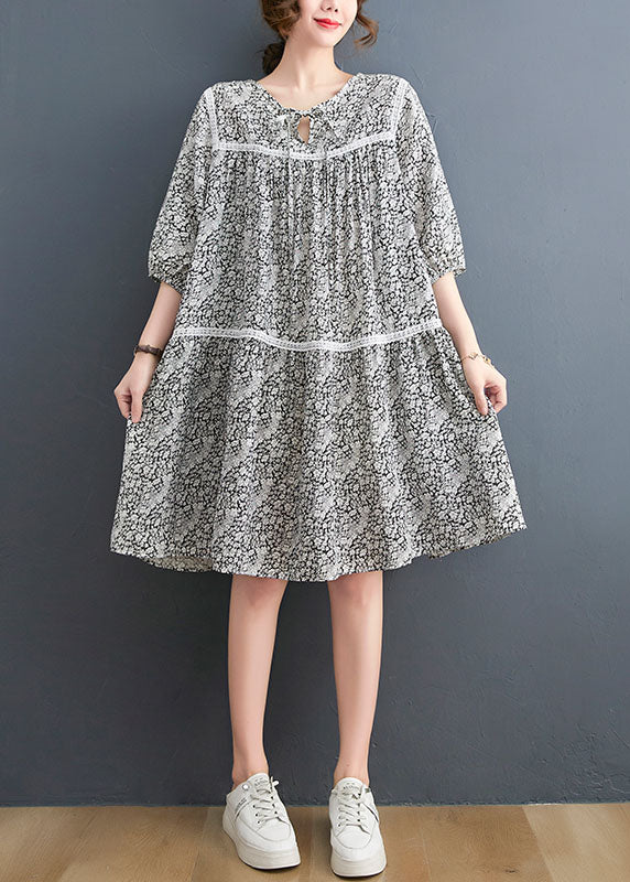 French O-Neck Lace Patchwork Print Cotton Mid Dress Three Quarter Sleeve