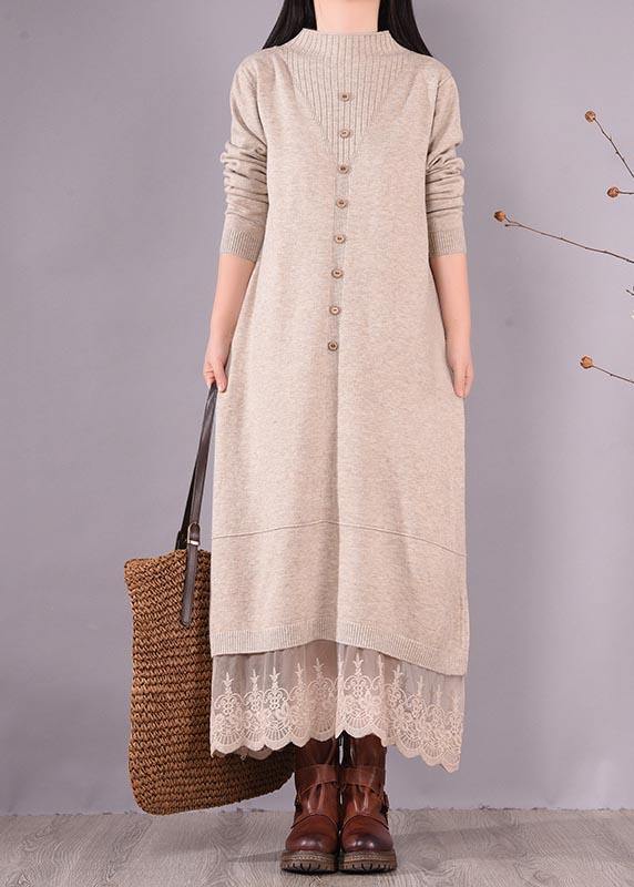 French O Neck Patchwork Lace Spring Clothes For Women Sewing Beige Robe Dresses - SooLinen