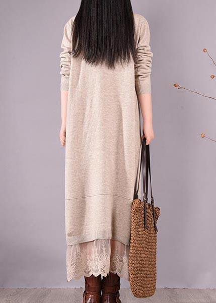 French O Neck Patchwork Lace Spring Clothes For Women Sewing Beige Robe Dresses - SooLinen