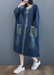French O Neck Patchwork Spring Dresses Outfits Denim Blue Robe Dresses - SooLinen