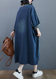 French O Neck Patchwork Spring Dresses Outfits Denim Blue Robe Dresses - SooLinen
