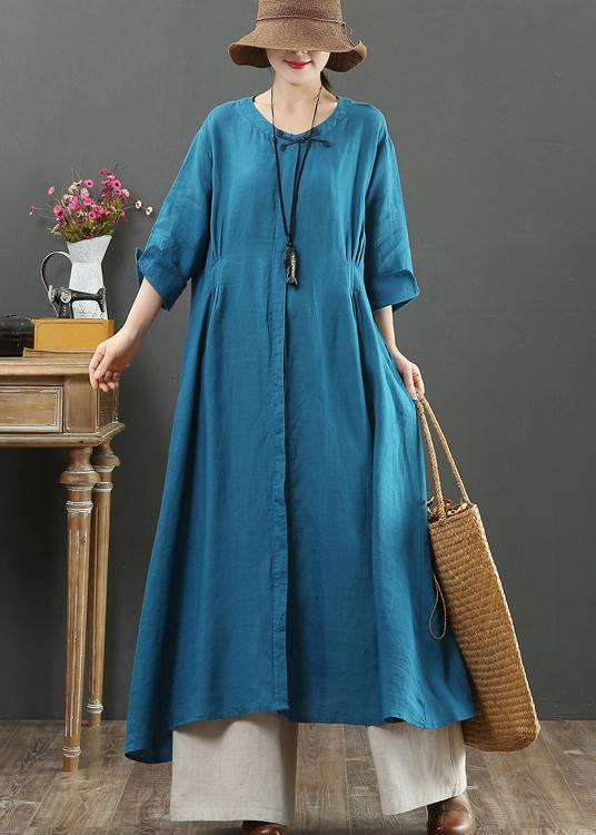 French O Neck Patchwork Spring Tunics Tunic Tops Blue Long Dress - SooLinen