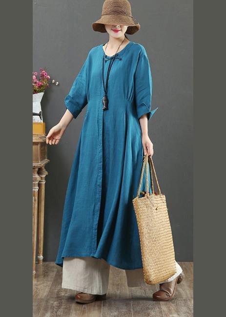French O Neck Patchwork Spring Tunics Tunic Tops Blue Long Dress - SooLinen
