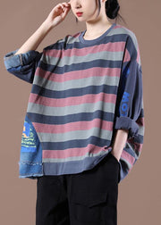 French O-Neck Spring Shirts Pattern Gray Striped Tops - SooLinen