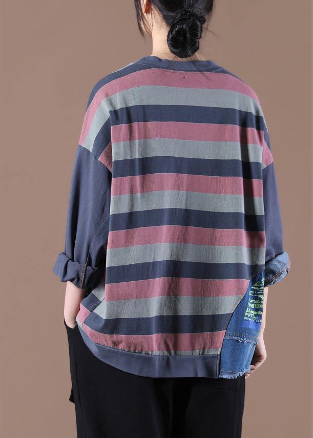 French O-Neck Spring Shirts Pattern Gray Striped Tops - SooLinen