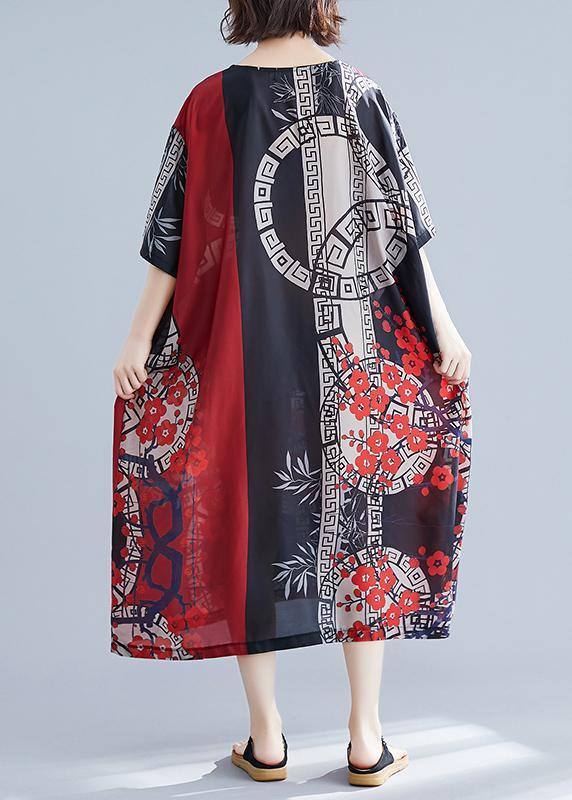 French O Neck Spring Tunics For Women Red Print Long Dress - SooLinen