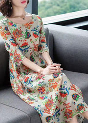 French O-Neck wrinkled Print Chiffon Dress Three Quarter sleeve