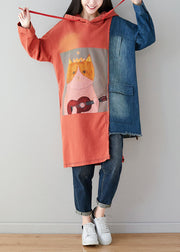 French Orange Asymmetrical Design Cartoon Print Cotton Sweatshirt Dress Spring