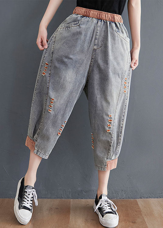 French Orange Elastic Waist Patchwork Hole Pockets Cotton Crop Pants Summer